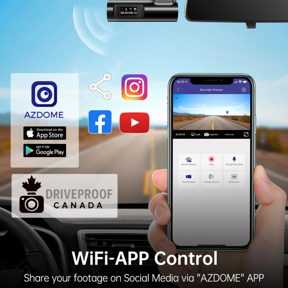 DriveProof Canada AZDOME M330 Smart Dash Cam – HD 1296P with Wi-Fi, App, Voice Control, G-Sensor, 24H Parking Monitor