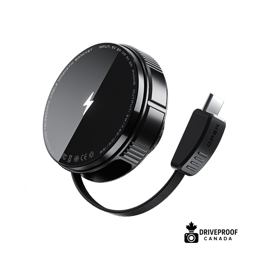 Driveproof Canada Magnetic 15W Fast Wireless Car Charger & Phone Holder (Retractable Cable)