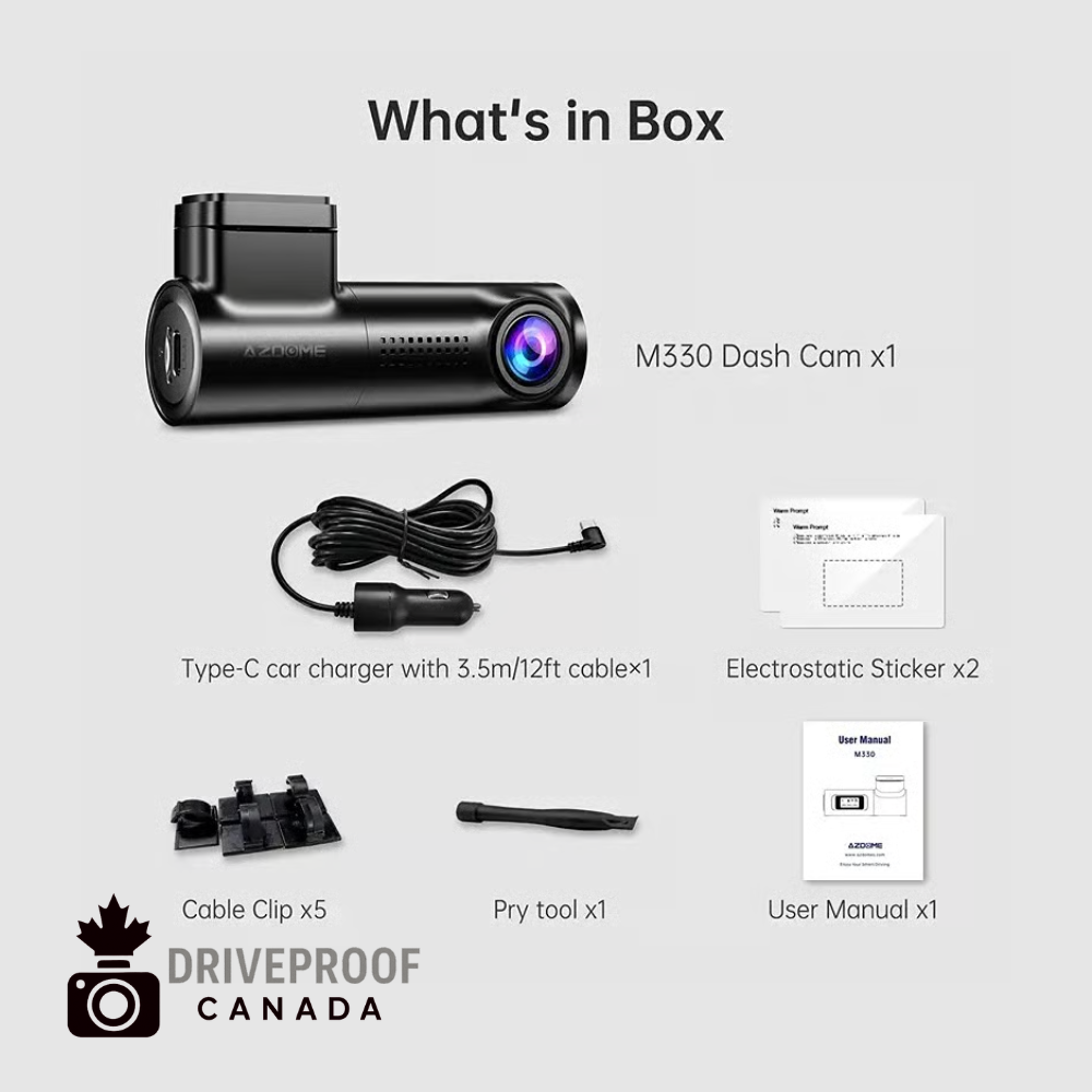 DriveProof Canada AZDOME M330 Smart Dash Cam – HD 1296P with Wi-Fi, App, Voice Control, G-Sensor, 24H Parking Monitor