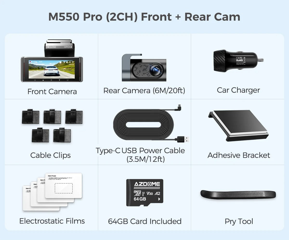 DriveProof Canada – AZDOME M550 Pro 4K Dash Cam (2CH Front + Rear) – 5.8GHz Wi-Fi, GPS, IR Night Vision, 24H Parking Monitor